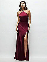 Front View Thumbnail - Cabernet High Halter Tie-Strap Open-Back Satin Maxi Dress