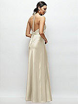 Rear View Thumbnail - Champagne High Halter Tie-Strap Open-Back Satin Maxi Dress