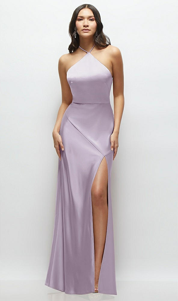 Front View - Lilac Haze High Halter Tie-Strap Open-Back Satin Maxi Dress