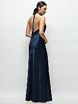 Rear View Thumbnail - Midnight Navy High Halter Tie-Strap Open-Back Satin Maxi Dress