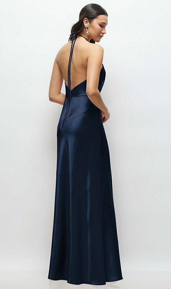 Back View - Midnight Navy High Halter Tie-Strap Open-Back Satin Maxi Dress