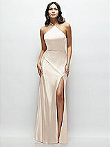 Front View Thumbnail - Oat High Halter Tie-Strap Open-Back Satin Maxi Dress