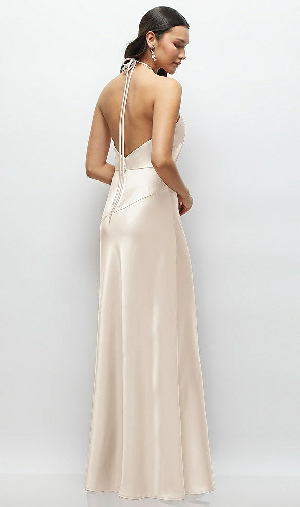 Back View - Oat High Halter Tie-Strap Open-Back Satin Maxi Dress