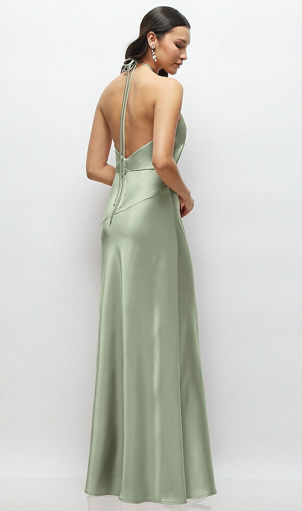 Back View - Sage High Halter Tie-Strap Open-Back Satin Maxi Dress