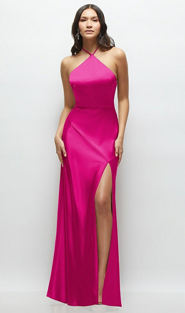 Front View - Think Pink High Halter Tie-Strap Open-Back Satin Maxi Dress