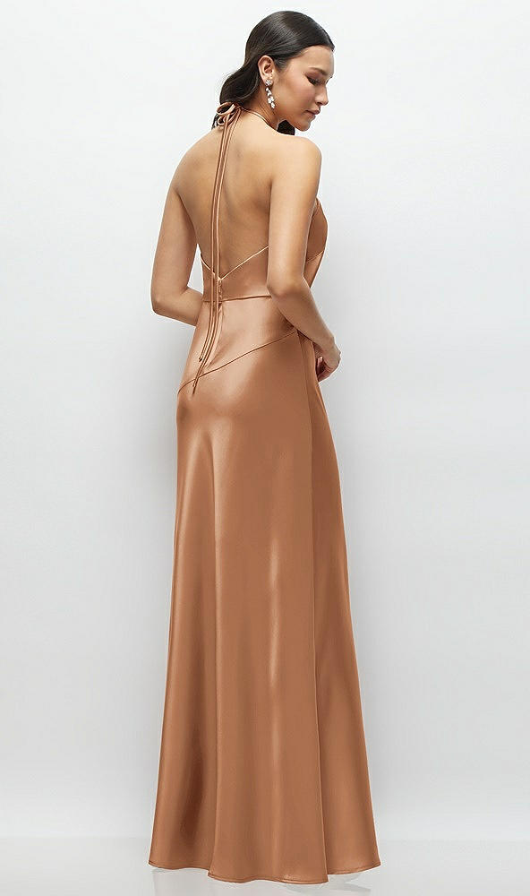 Back View - Toffee High Halter Tie-Strap Open-Back Satin Maxi Dress