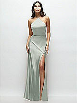 Front View Thumbnail - Willow Green High Halter Tie-Strap Open-Back Satin Maxi Dress