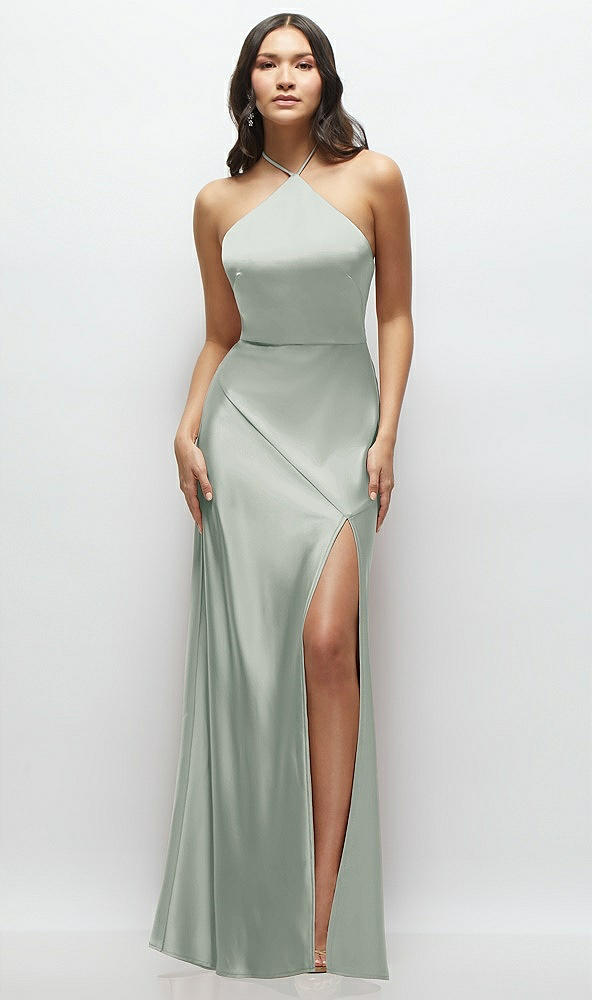 Front View - Willow Green High Halter Tie-Strap Open-Back Satin Maxi Dress