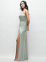 Side View Thumbnail - Willow Green High Halter Tie-Strap Open-Back Satin Maxi Dress