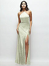 Front View Thumbnail - Vintage Primrose Celadon High Halter Tie-Strap Open-Back Floral Satin Maxi Dress