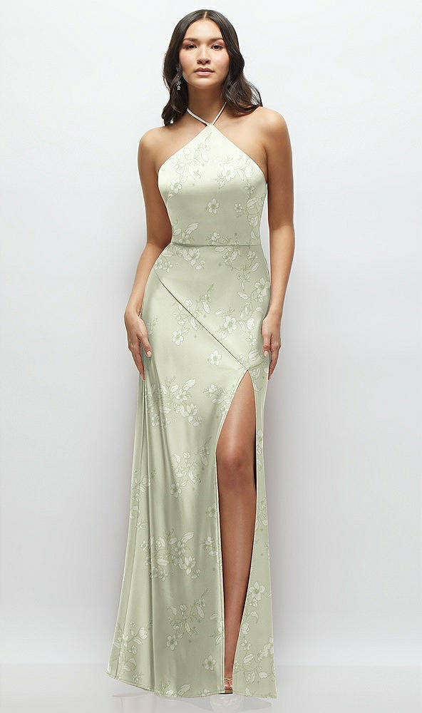 Front View - Vintage Primrose Celadon High Halter Tie-Strap Open-Back Floral Satin Maxi Dress