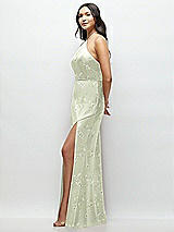 Side View Thumbnail - Vintage Primrose Celadon High Halter Tie-Strap Open-Back Floral Satin Maxi Dress