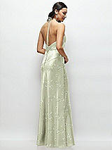 Rear View Thumbnail - Vintage Primrose Celadon High Halter Tie-Strap Open-Back Floral Satin Maxi Dress