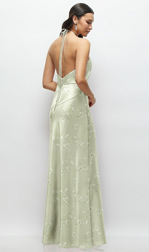 Back View - Vintage Primrose Celadon High Halter Tie-Strap Open-Back Floral Satin Maxi Dress