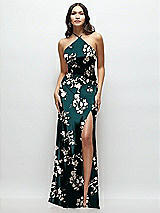 Front View Thumbnail - Vintage Primrose Evergreen High Halter Tie-Strap Open-Back Floral Satin Maxi Dress