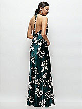 Rear View Thumbnail - Vintage Primrose Evergreen High Halter Tie-Strap Open-Back Floral Satin Maxi Dress