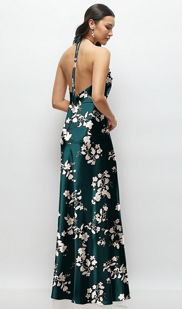 Back View - Vintage Primrose Evergreen High Halter Tie-Strap Open-Back Floral Satin Maxi Dress