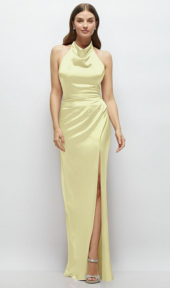 Front View - Butter Yellow Cowl Halter Open-Back Satin Maxi Dress