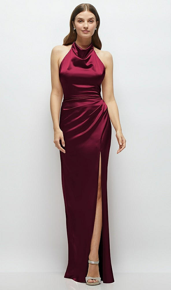 Front View - Cabernet Cowl Halter Open-Back Satin Maxi Dress