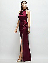 Side View Thumbnail - Cabernet Cowl Halter Open-Back Satin Maxi Dress