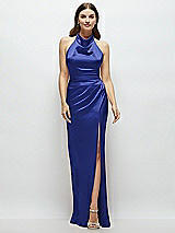 Front View Thumbnail - Cobalt Blue Cowl Halter Open-Back Satin Maxi Dress