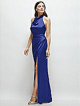 Side View Thumbnail - Cobalt Blue Cowl Halter Open-Back Satin Maxi Dress