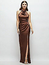 Front View Thumbnail - Cognac Cowl Halter Open-Back Satin Maxi Dress