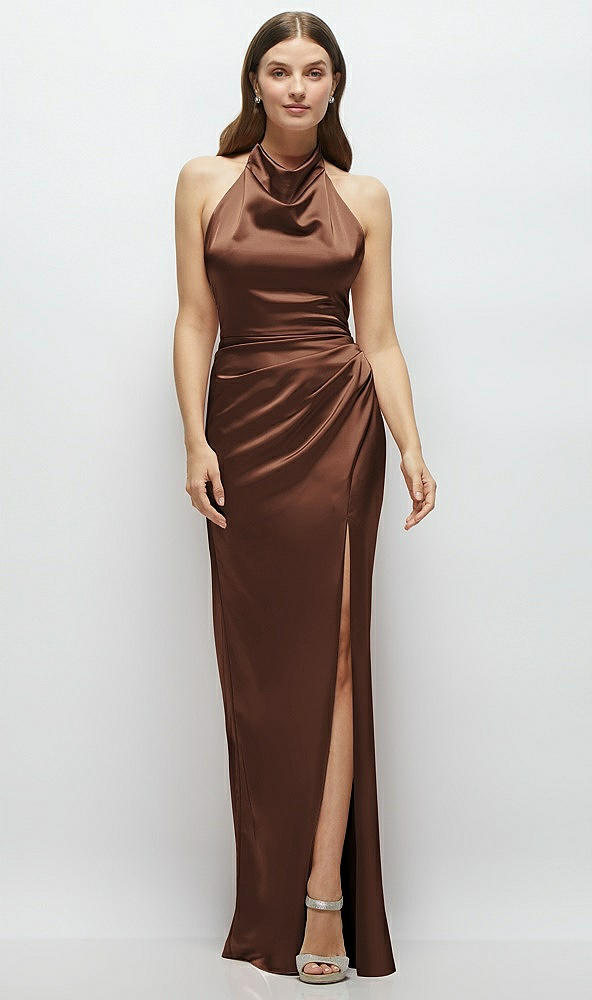 Front View - Cognac Cowl Halter Open-Back Satin Maxi Dress