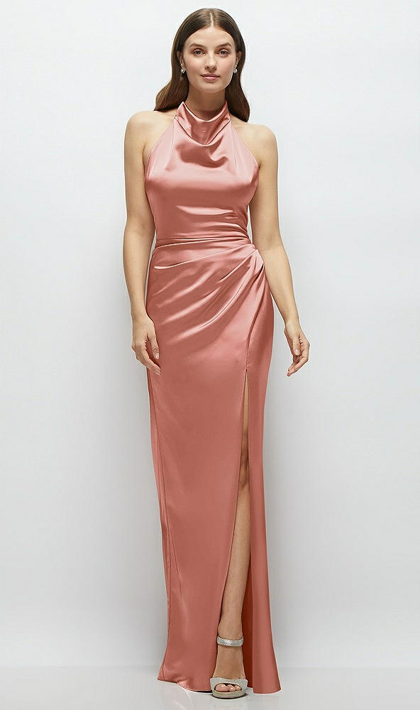 Front View - Desert Rose Cowl Halter Open-Back Satin Maxi Dress