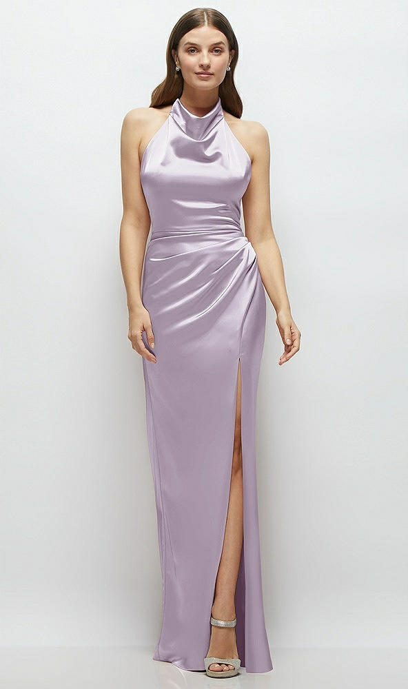 Front View - Lilac Haze Cowl Halter Open-Back Satin Maxi Dress