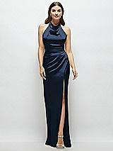 Front View Thumbnail - Midnight Navy Cowl Halter Open-Back Satin Maxi Dress