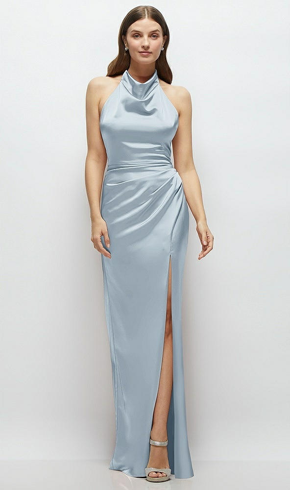 Front View - Mist Cowl Halter Open-Back Satin Maxi Dress