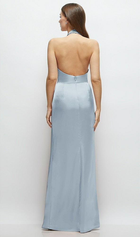 Back View - Mist Cowl Halter Open-Back Satin Maxi Dress