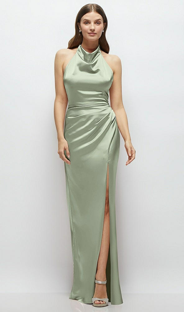 Front View - Sage Cowl Halter Open-Back Satin Maxi Dress