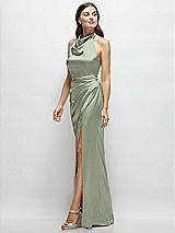 Side View Thumbnail - Sage Cowl Halter Open-Back Satin Maxi Dress