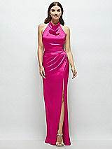 Front View Thumbnail - Think Pink Cowl Halter Open-Back Satin Maxi Dress