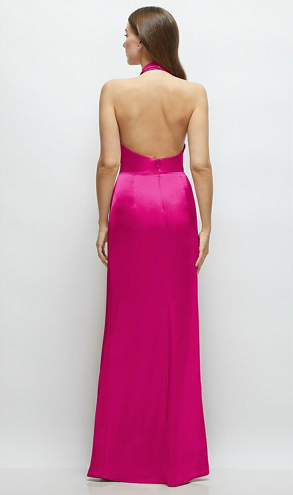 Back View - Think Pink Cowl Halter Open-Back Satin Maxi Dress