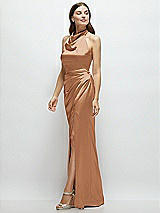 Side View Thumbnail - Toffee Cowl Halter Open-Back Satin Maxi Dress