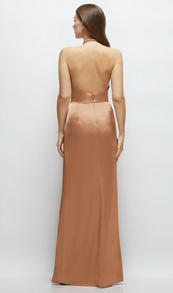 Back View - Toffee Cowl Halter Open-Back Satin Maxi Dress