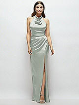 Front View Thumbnail - Willow Green Cowl Halter Open-Back Satin Maxi Dress