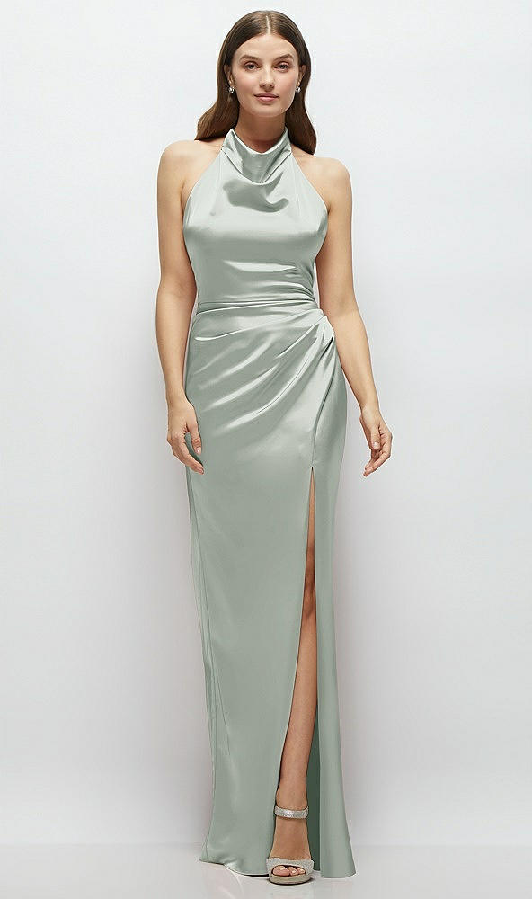 Front View - Willow Green Cowl Halter Open-Back Satin Maxi Dress