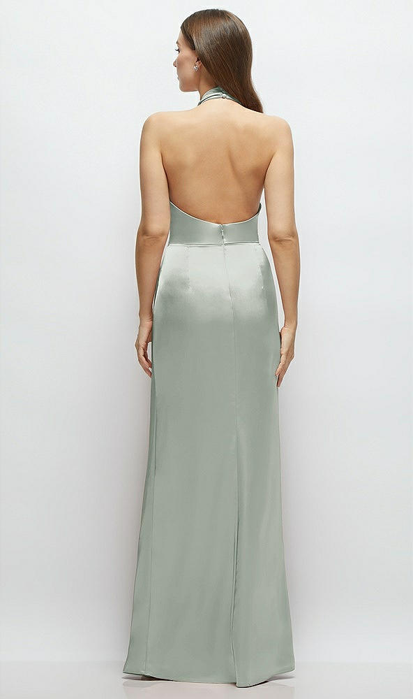 Back View - Willow Green Cowl Halter Open-Back Satin Maxi Dress