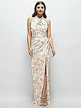 Front View Thumbnail - Golden Hour Cowl Halter Open-Back Floral Satin Maxi Dress