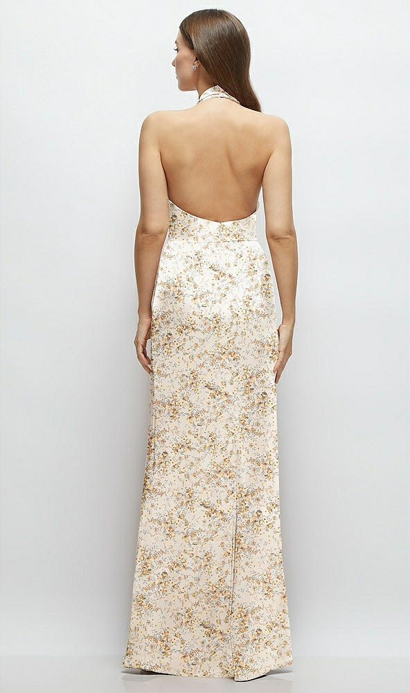 Back View - Golden Hour Cowl Halter Open-Back Floral Satin Maxi Dress