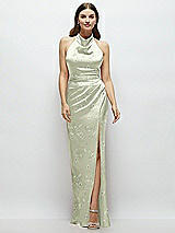 Front View Thumbnail - Vintage Primrose Celadon Cowl Halter Open-Back Floral Satin Maxi Dress