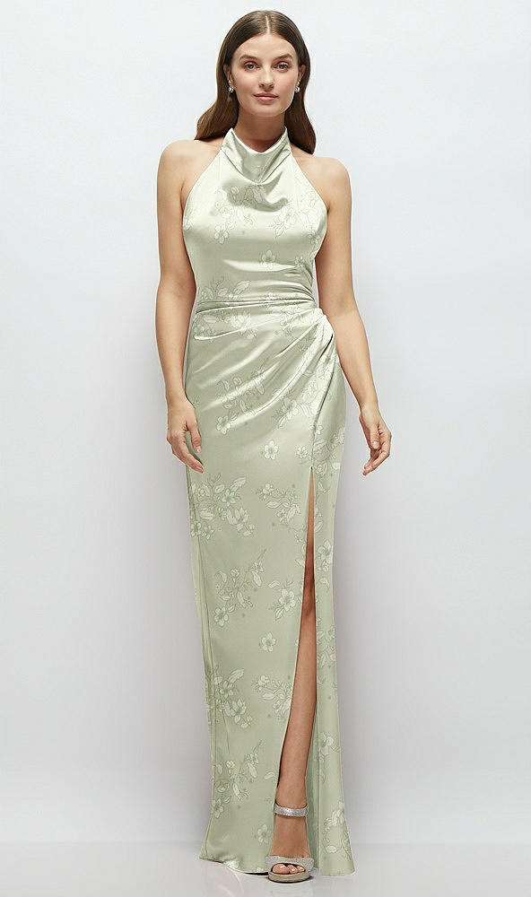 Front View - Vintage Primrose Celadon Cowl Halter Open-Back Floral Satin Maxi Dress