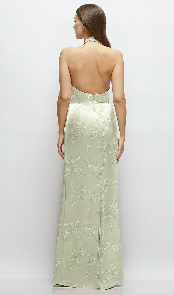 Back View - Vintage Primrose Celadon Cowl Halter Open-Back Floral Satin Maxi Dress