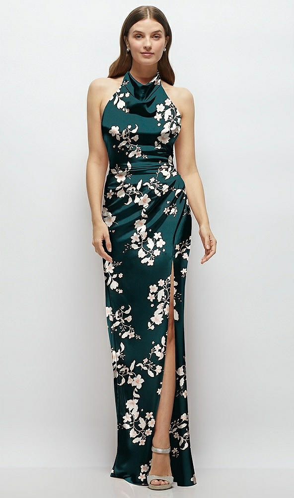 Front View - Vintage Primrose Evergreen Cowl Halter Open-Back Floral Satin Maxi Dress