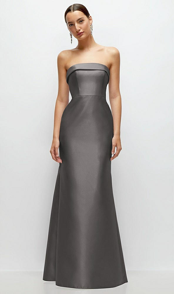 Front View - Caviar Gray Strapless Cuff Neckline Satin Trumpet Gown