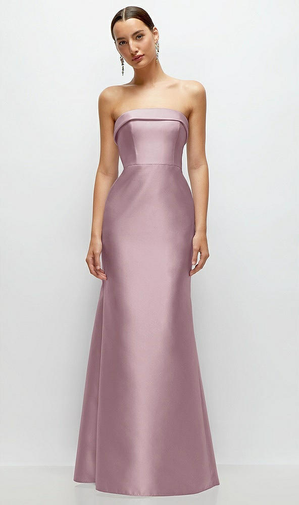 Front View - Dusty Rose Strapless Cuff Neckline Satin Trumpet Gown